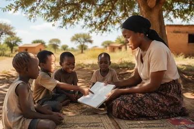 Woman Teaching Children Under Acacia Tree
