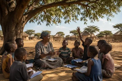 Woman Teaching Children Under Acacia Tree