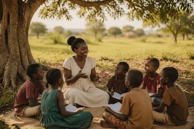 Woman Teaching Children Under Acacia Tree