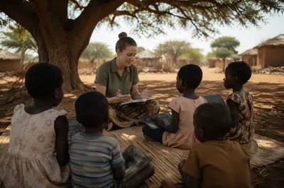 Missionary Teaching Children Beneath African Acacia