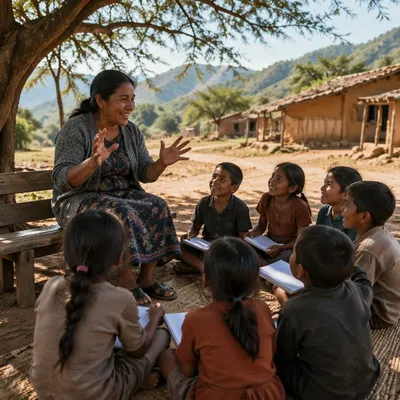 Woman Teaching Children Under Acacia Tree