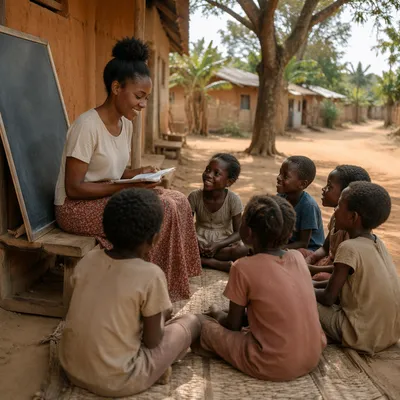 Woman Teaching Children in Rural Village