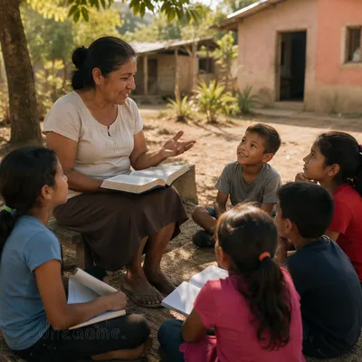 Woman Teaching Children in Village Clearing