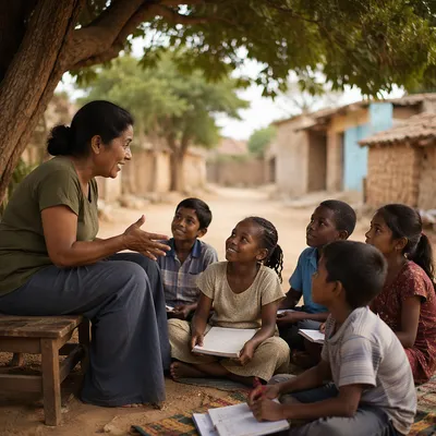 Woman Teaching Children in Village Shade
