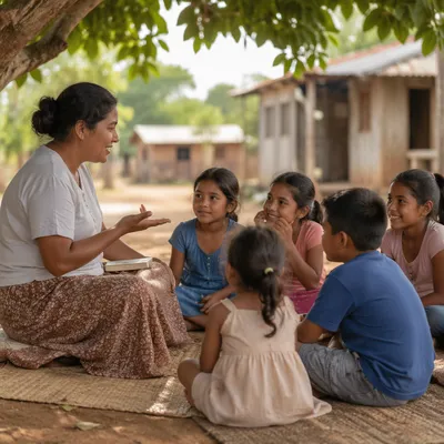 Woman Teaching Children Under Shade Tree