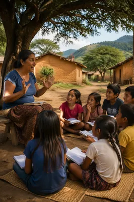 Woman Teaching Village Children Outdoors