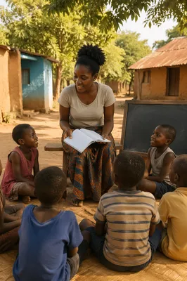 Woman Teaching Children in Rural Village