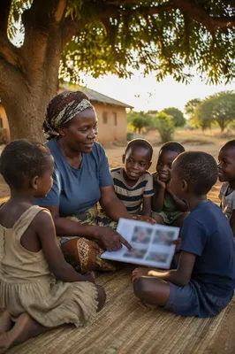 Woman Teaching Children Under Shade Tree