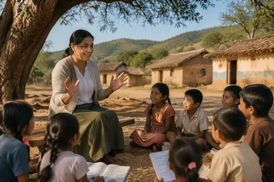 Woman Teaching Children Under Acacia Tree