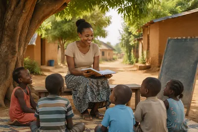 Woman Teaching Children in Rural Village
