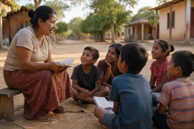Woman Teaching Children in Rural Village