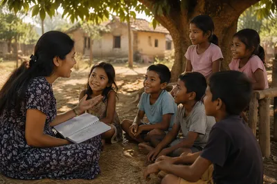 Woman Teaching Children Under Shade Tree