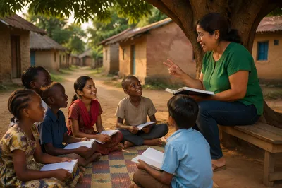 Woman Teaching Children Under Village Tree