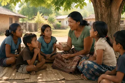 Woman Teaching Children Under Shade Tree