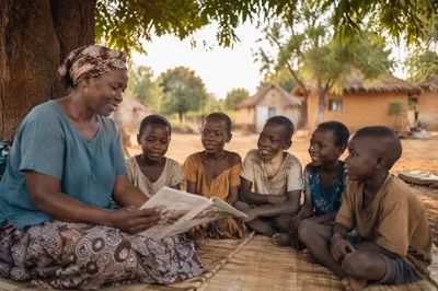 Woman Teaching Children Under Shade Tree