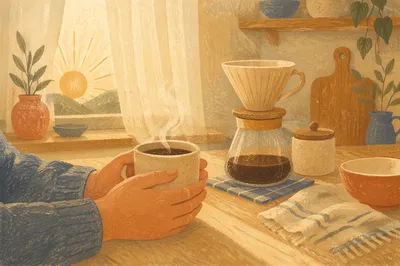 Quiet Morning Coffee in Sunrise Kitchen