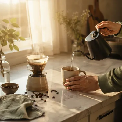 Sunlit Morning Coffee Routine in Kitchen