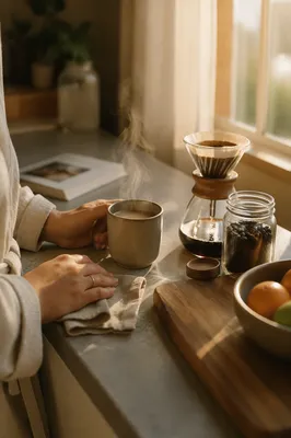 Peaceful Morning Coffee in Sunrise Kitchen