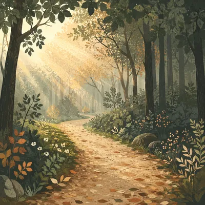 Misty Morning Park Path in Golden Light