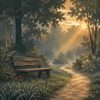 Misty Morning Park Path with Wooden Bench