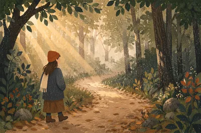Misty Morning Park Path with Golden Light