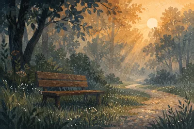 Misty Morning Park Path with Wooden Bench