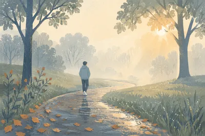 Quiet Morning Walk on Misty Park Path