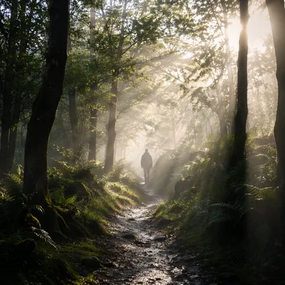 Peaceful Morning Walk on Misty Forest Path