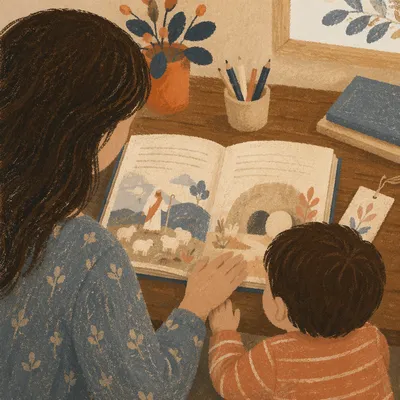 Mother and Child Reading at Desk