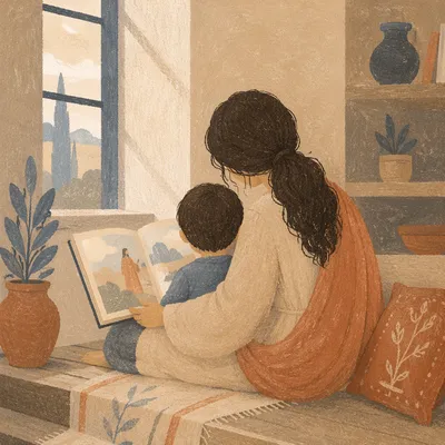 Mother and Child Reading by Window