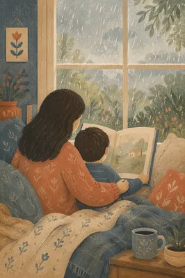 Mother and Child Reading by Rainy Window