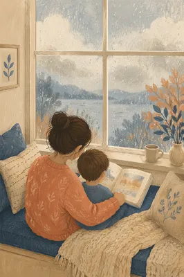 Mother and Child Reading on Rainy Window Seat