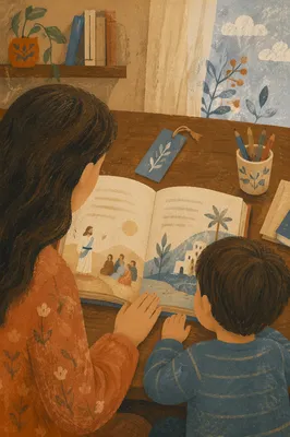 Mother and Child Reading at Desk