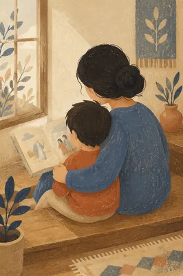 Mother and Child Reading by Window