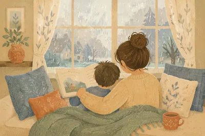 Mother and Child Reading by Rainy Window