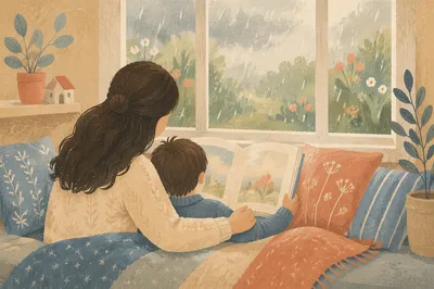 Mother and Child Reading by Rainy Window