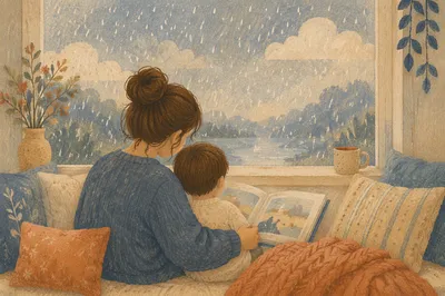 Mother and Child Reading by Rainy Window