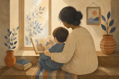 Mother and Child Reading by Window