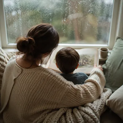 Mother and Child Reading on Rainy Afternoon