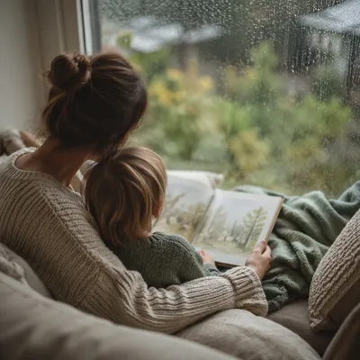 Mother and Child Reading by Rainy Window