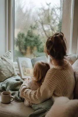 Mother and Child Reading on Rainy Afternoon