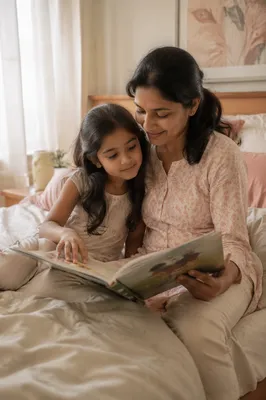 Mother and Daughter Reading on Bed