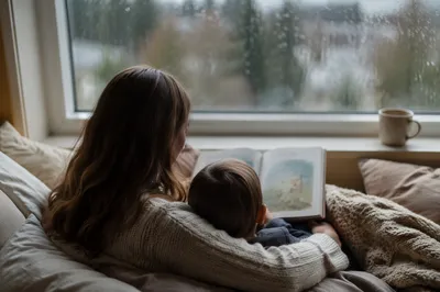 Mother and Child Reading on Rainy Window Seat