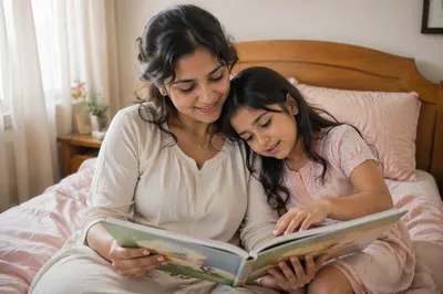 Mother and Daughter Reading on Bed