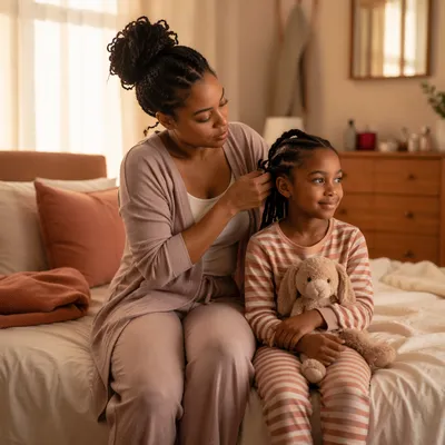 Mother Braiding Daughter Hair on Bed