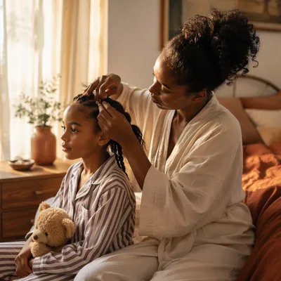 Mother Braiding Daughter Hair by Window