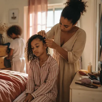 Mother Braiding Daughters Hair in Bedroom