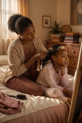 Mother Braiding Daughter Hair in Bedroom