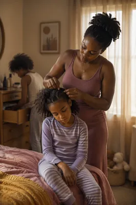 Mother Braiding Daughter Hair in Bedroom