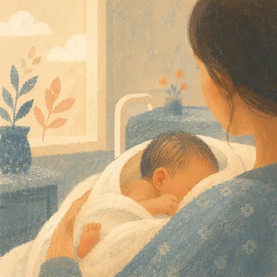 Gentle Mother Cradling Newborn in Hospital